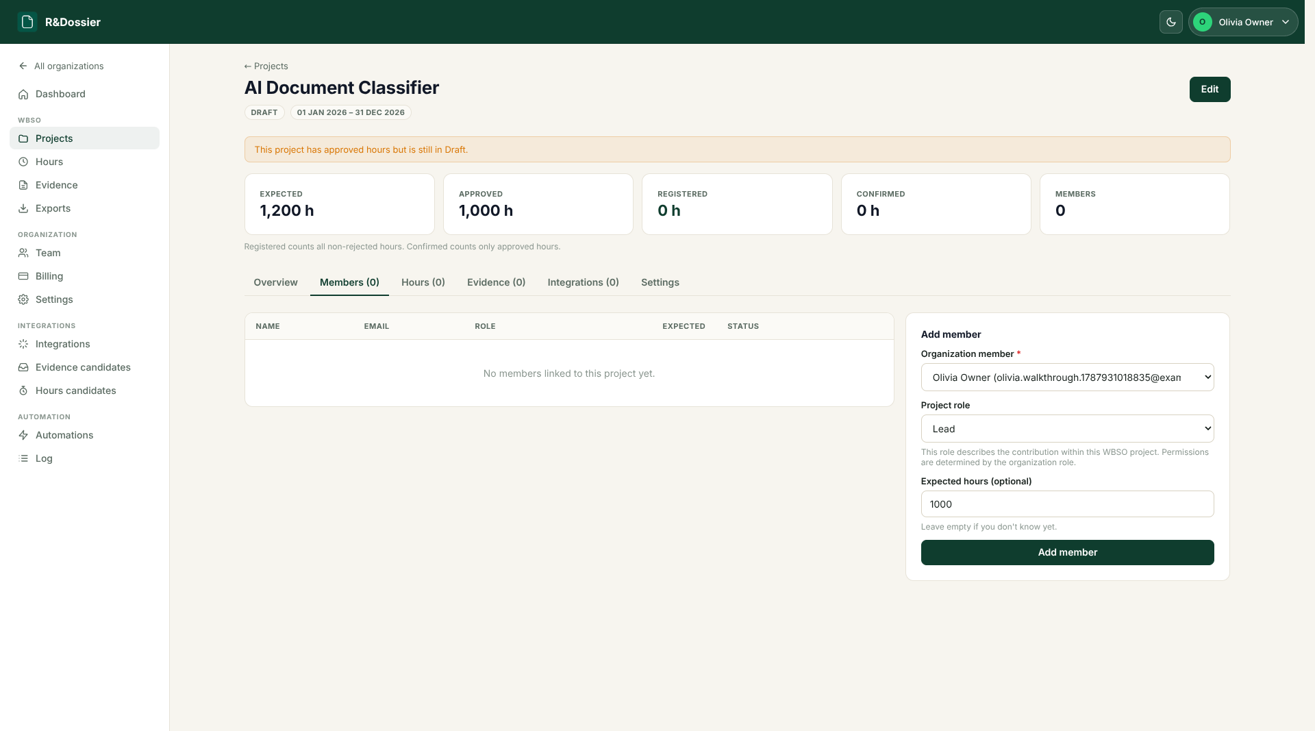 Assigning members and expected-hour allocations to the AI Document Classifier project